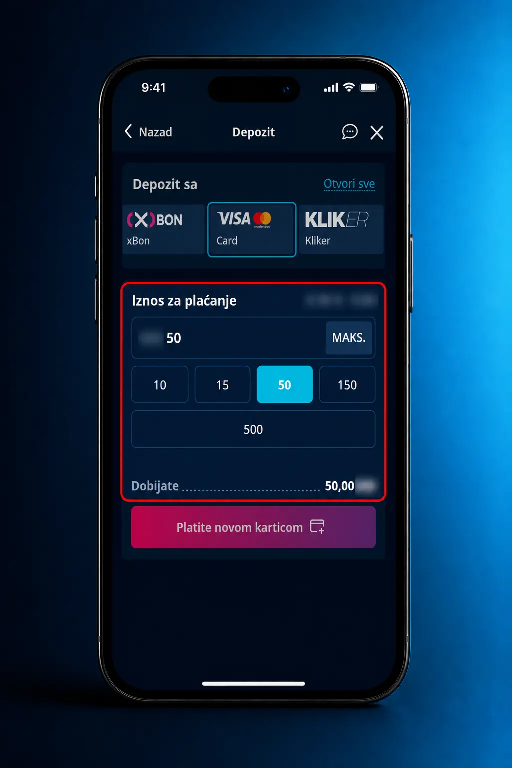 Uputstvo za uplatu u MrBit aplikaciji – izbor metode plaćanja i unos iznosa uplate