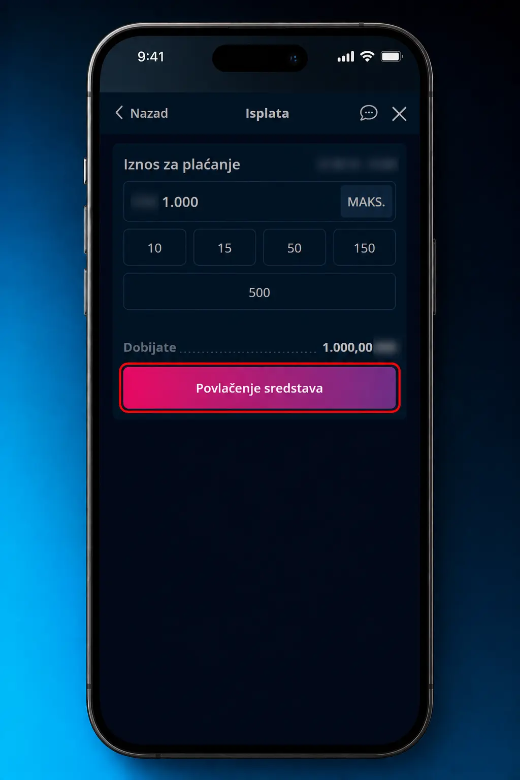 Prikaz koraka za podnošenje zahteva za isplatu u MrBit aplikaciji putem mobilnog telefona