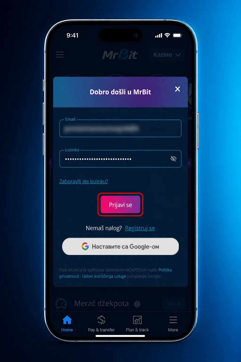 MrBit prijava preko aplikacije uz sačuvane podatke naloga i biometrijsku autentikaciju