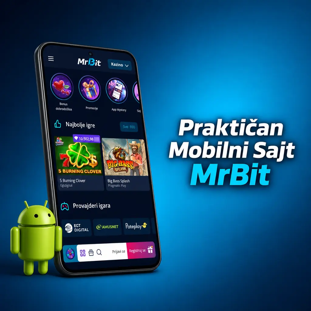 Mobilni sajt MrBit u pregledaču telefona sa katalogom igara, bonusima i opcijama za uplatu i isplatu.