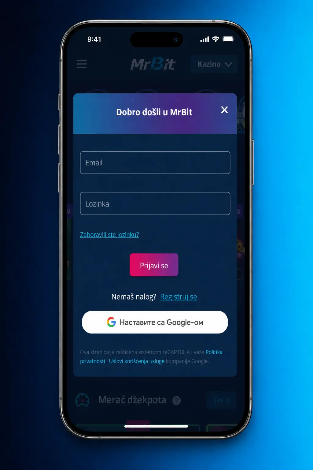 Prijava na MrBit nalog putem emaila ili broja telefona i lozinke, uz opcionu dvofaktorsku autentifikaciju.
