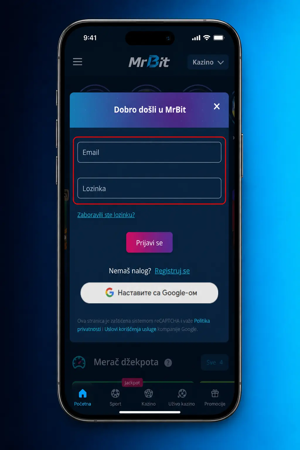 Prijava na MrBit nalog putem emaila ili telefona i lozinke, sa opcijom dvofaktorske autentifikacije.